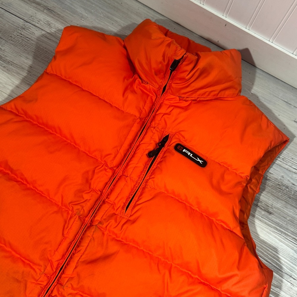 RLX Ralph Lauren Down Puffer Vest Men Sz L Orange Full Zip Packable Hood